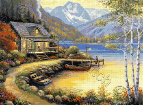 Fishing at the lake, a beautiful cottage by the lake counted cross stitch kit