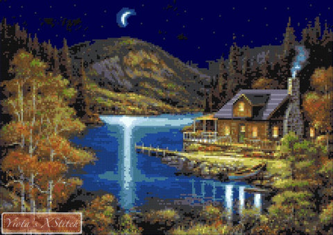 Moonlit cabin, a beautiful scenery of a cottage in the woods. 