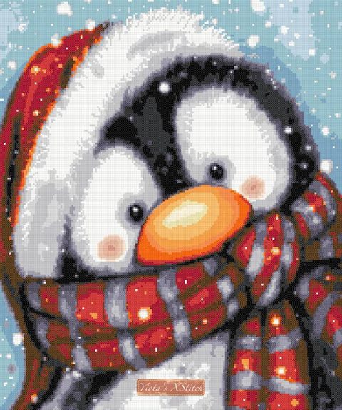 Penguin with Santas hat Christmas cross stitch kit