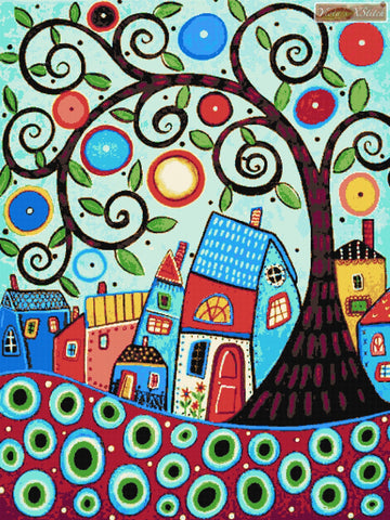 Small village modern large and advanced counted cross stitch kit.