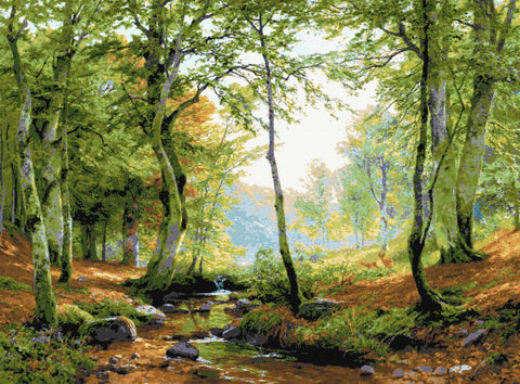 Forest clearing with stream (v2) full coverage cross stitch kit