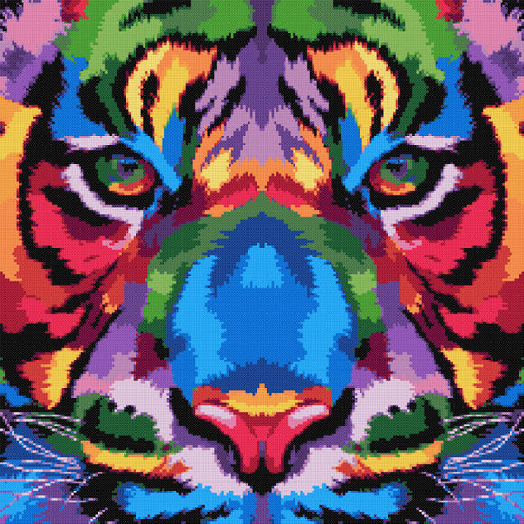 Regenbogen-Tiger-Nahaufnahme (v2) modernes Kreuzstich-Set