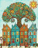 Swirls tree Victorian street full coverage cross stitch kit-1