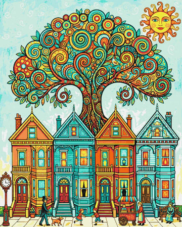 Swirls tree Victorian street full coverage cross stitch kit