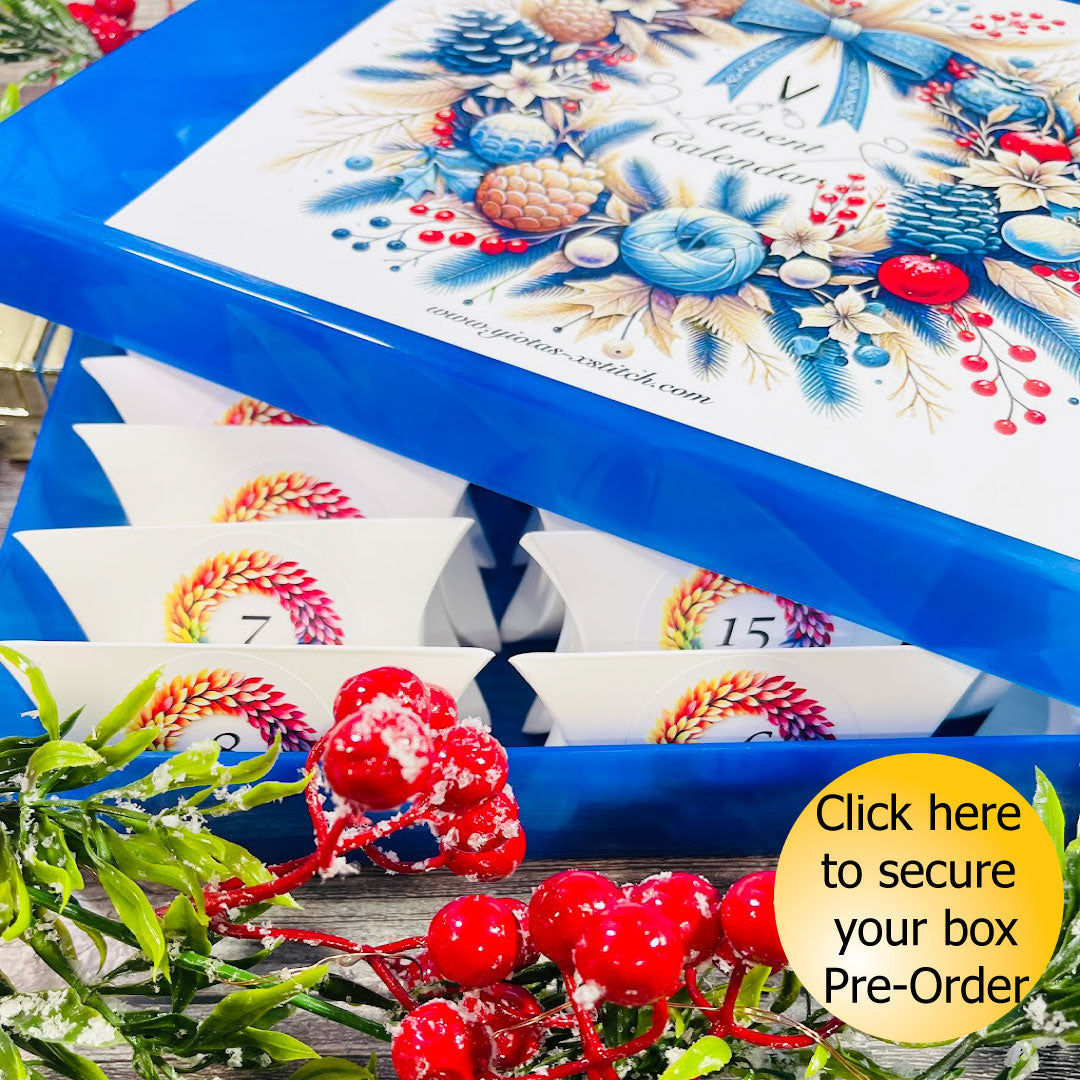 Pre-orders for our exclusive handmande cross stitch advent calendar box, are now open. The advent calendar features 5 Christmas cross stitch kits and 3 non-Christmas kits, plus 2 beaded kits. All fabrics are custom made, hand dyed and painted! Reserve your box.