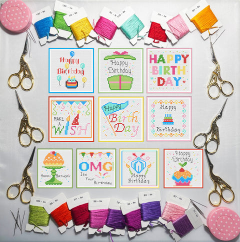 10 happy birthday mini cross stitch kit or patterns