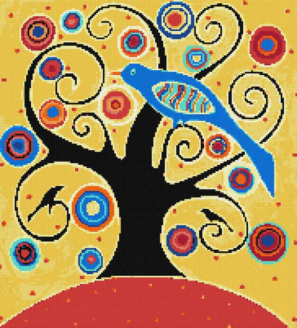 Vögel im wirbelnden Baum (v2) modernes Kreuzstich-Set