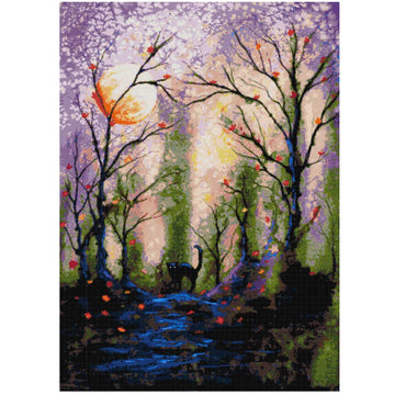 Black cat in forest modern cross stitch kit