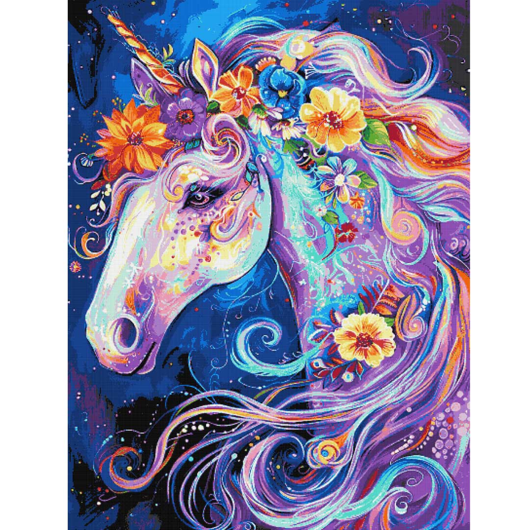 Floral unicorn full coverage cross stitch kit