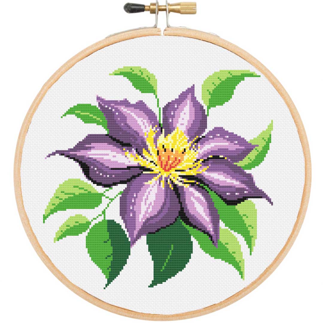 Purple clematis cross stitch kit
