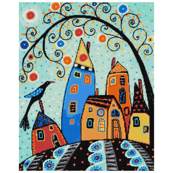 Modernes Kreuzstich-Set mit Wirbelbaum, Häusern und Krähe (v2)