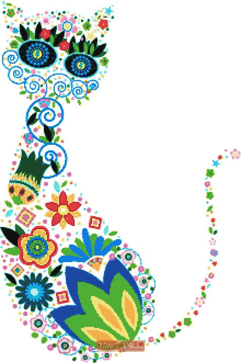 Abstract floral cat cross stitch kit