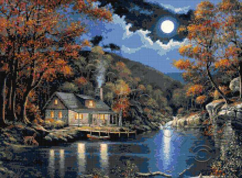 Cabin by the lake landscape counted cross stitch kit