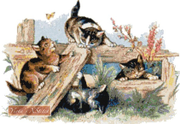 Cats playing counted cross stitch kit - 1
