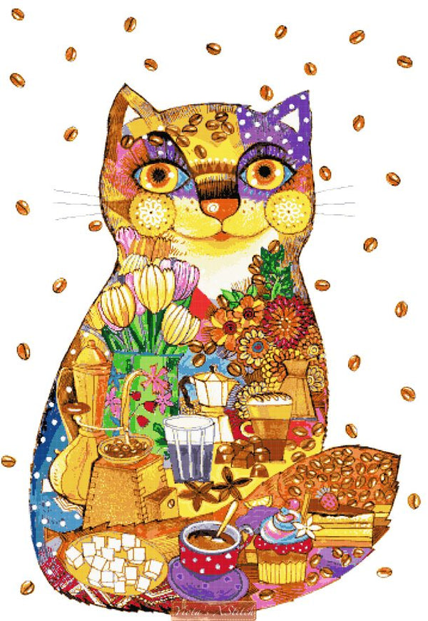 Coffee cat large advanced modern cross stitch kit - 1