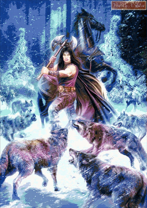 Conan with sword, wolves and horse counted cross stitch kit