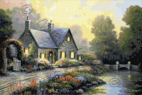 Evening splendor, a beautiful cottage by the lake counted cross stitch kit