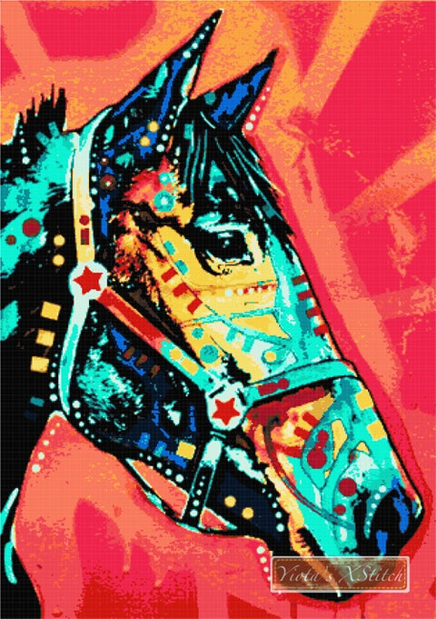 A horse in a red background, modern counted cross stitch kit.