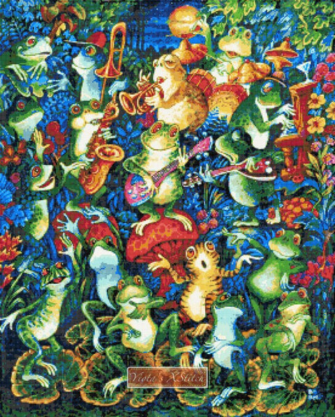 Moon dance, frogs dancing. Llarge and advanced counted cross stitch kit