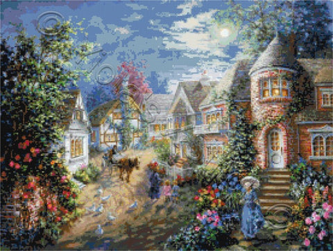 Moonlight splendour, a lady taking a walk in counted cross stitch kit
