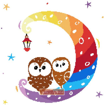 Owls on the moon rainbow counted cross stitch kit