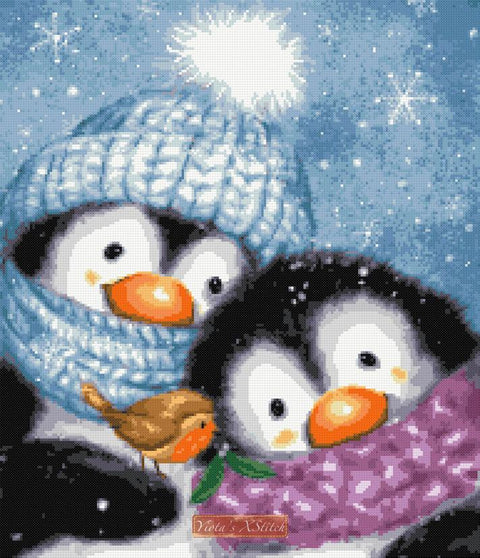 Penguins with robin Christmas counted cross stitch kit