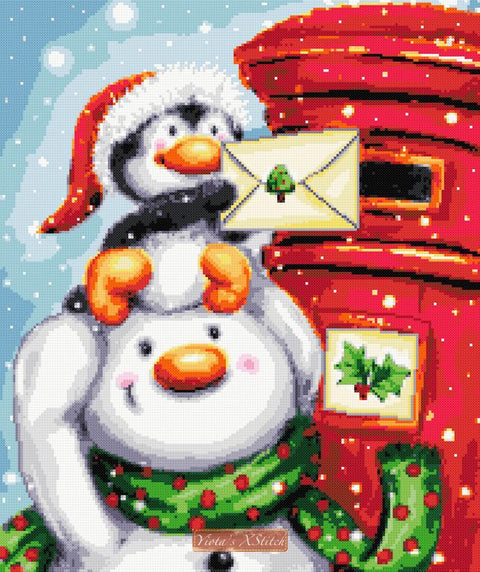 Snowman and penguin with post Christmas counted cross stitch kit