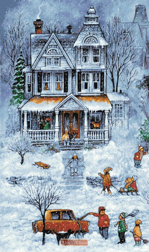 Snowy winter street house No1 counted cross stitch kit