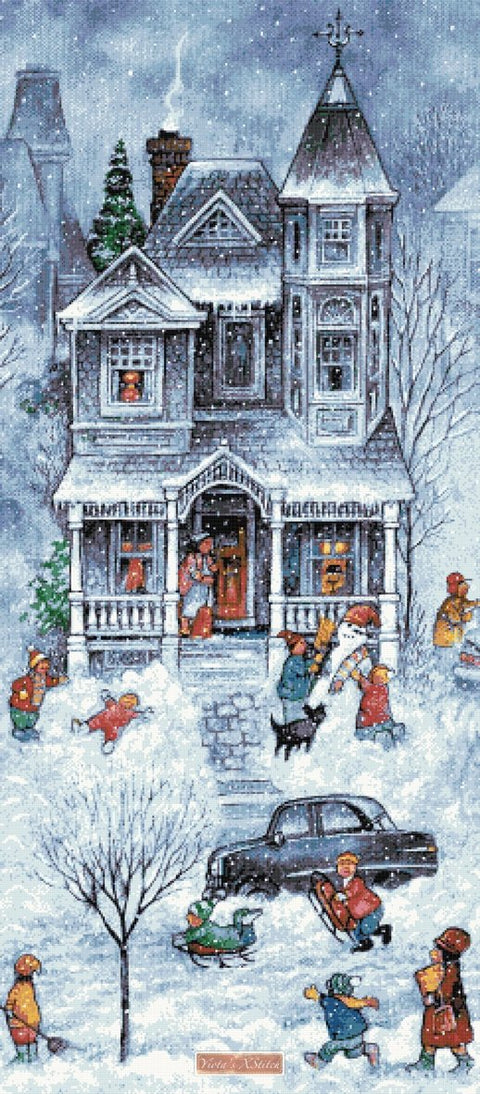 Snowy winter street house No2 counted cross stitch kit