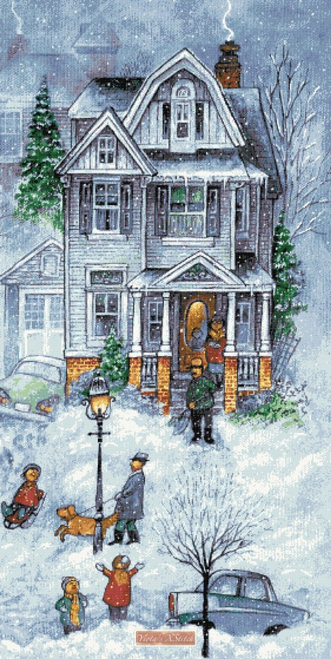 Snowy winter street house No3 counted cross stitch kit