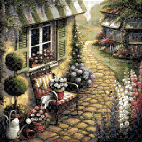 Stone walkway, a lovely garden with flowers in counted cross stitch kit
