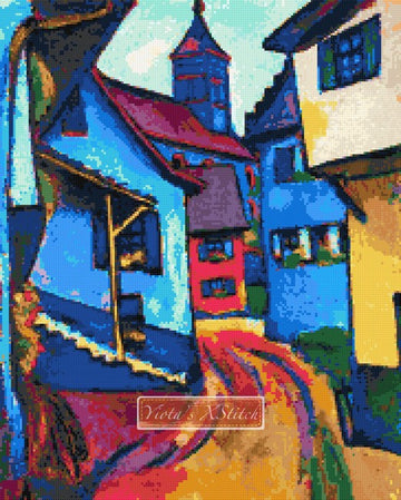 Street with church in Kandern by August Mack in counted cross stitch kit