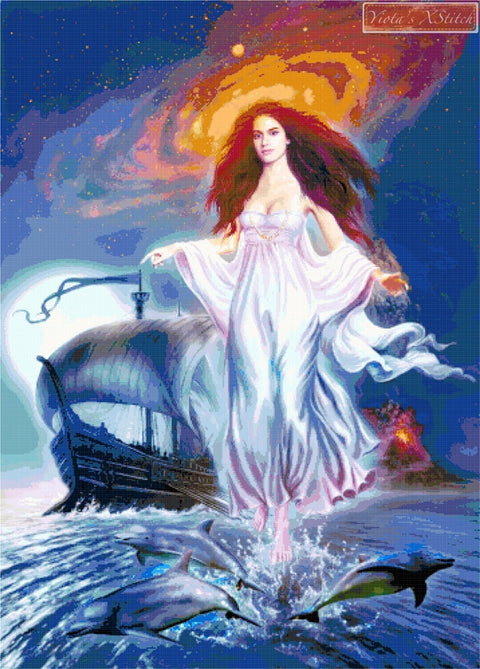 The elder Gods, a lady with dolphins counted cross stitch kit