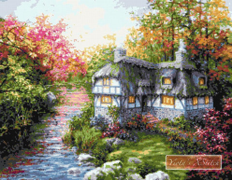 There is no place like home, a beautiful cottage in the lake counted cross stitch kit