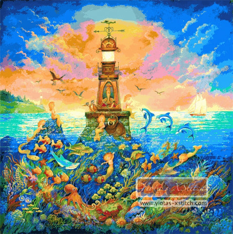 A lighthouse in sea, the design is called underwater, large and advanced counted cross stitch kit