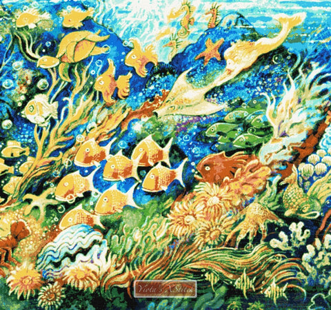 Underwater, sea world with different kind of fish in counted cross stitch kit