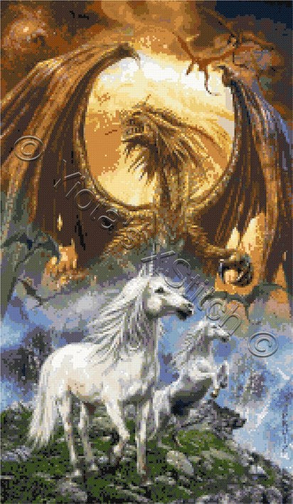 Unicorns with dragons counted cross stitch kit