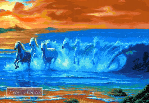 Wild waves in sunset - horses full coverage cross stitch kit