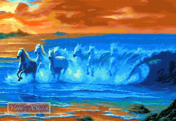Wild waves in sunset - horses full coverage cross stitch kit