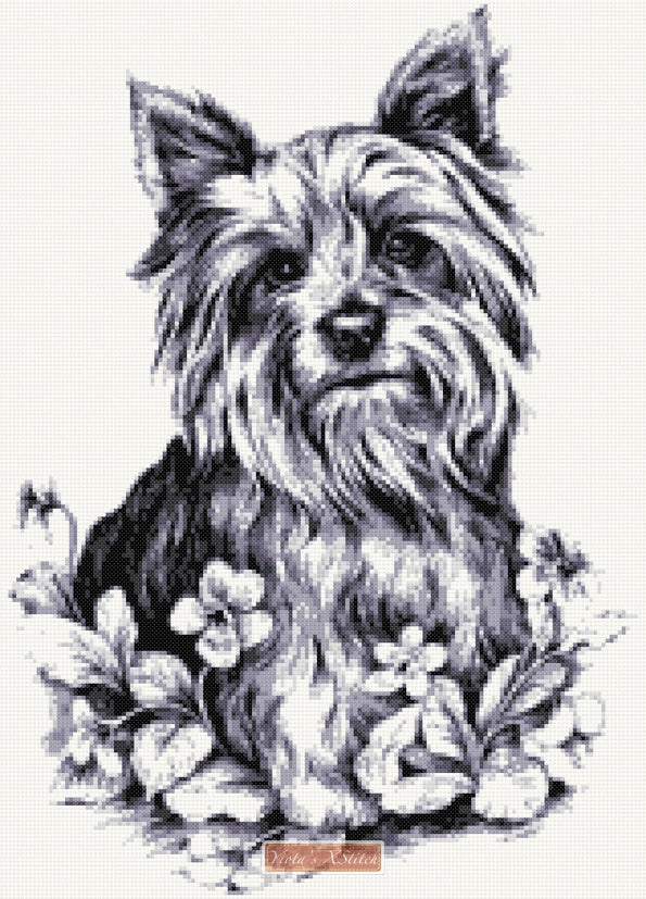 Yorkie in black, grey, white counted cross stitch kit - 1