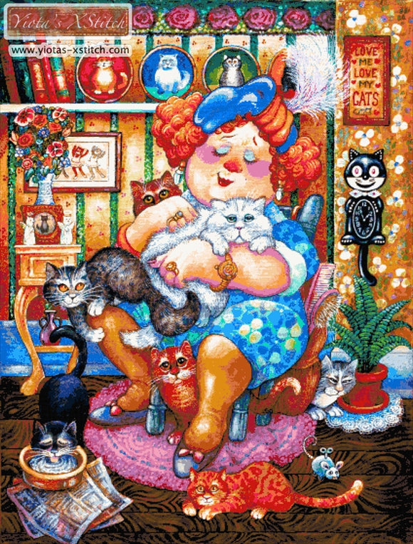 Lady who loves cats full coverage cross stitch kit