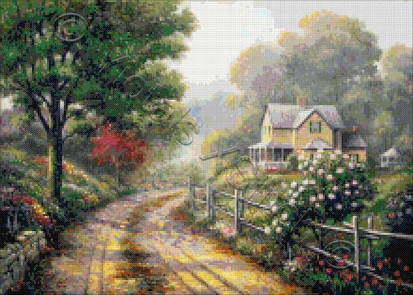 Lilac morning cottage landscape cross stitch kit - 1