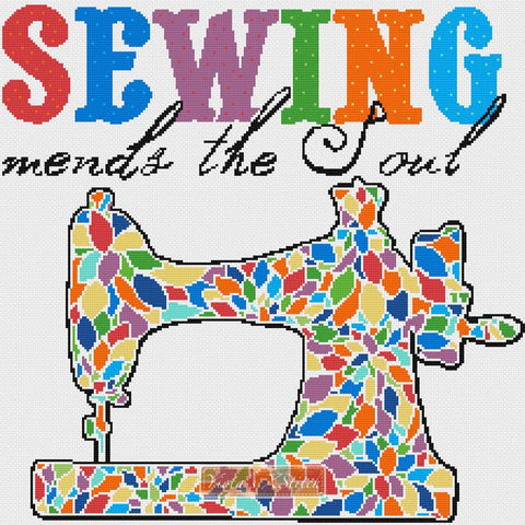 A sewing machine in mosaic rainbow colours counted cross stitch kit