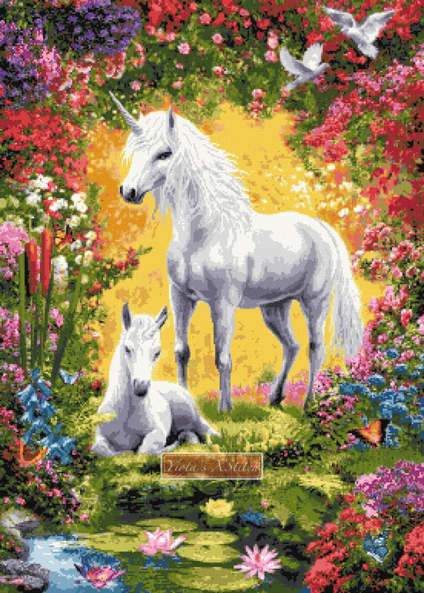 Unicorn mum and baby counted cross stitch kit - 1