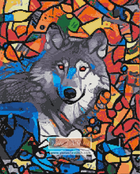 Wolf stained glass cross stitch kit